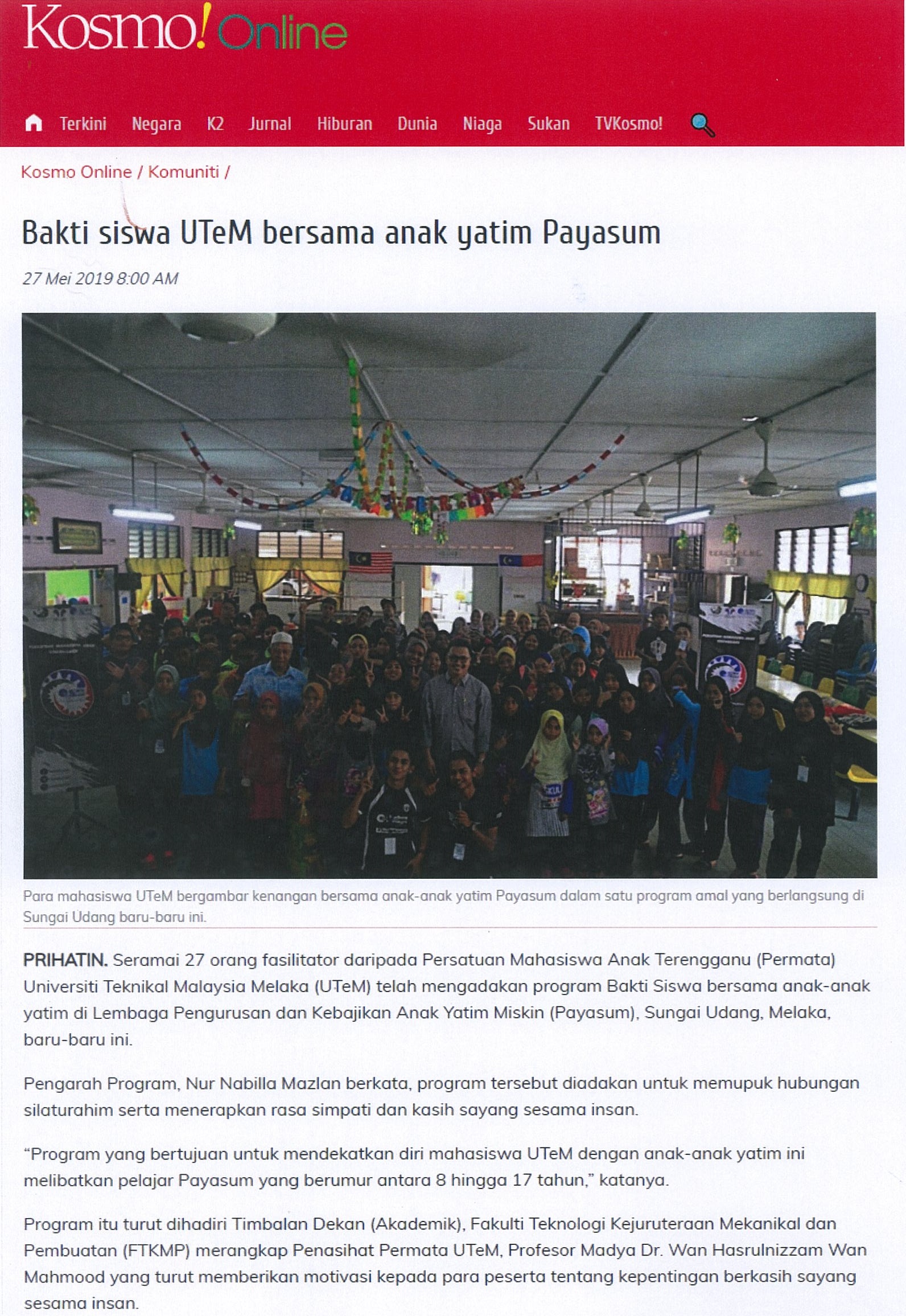 Bakti siswa UTeM bersama anak yatim Payasum
